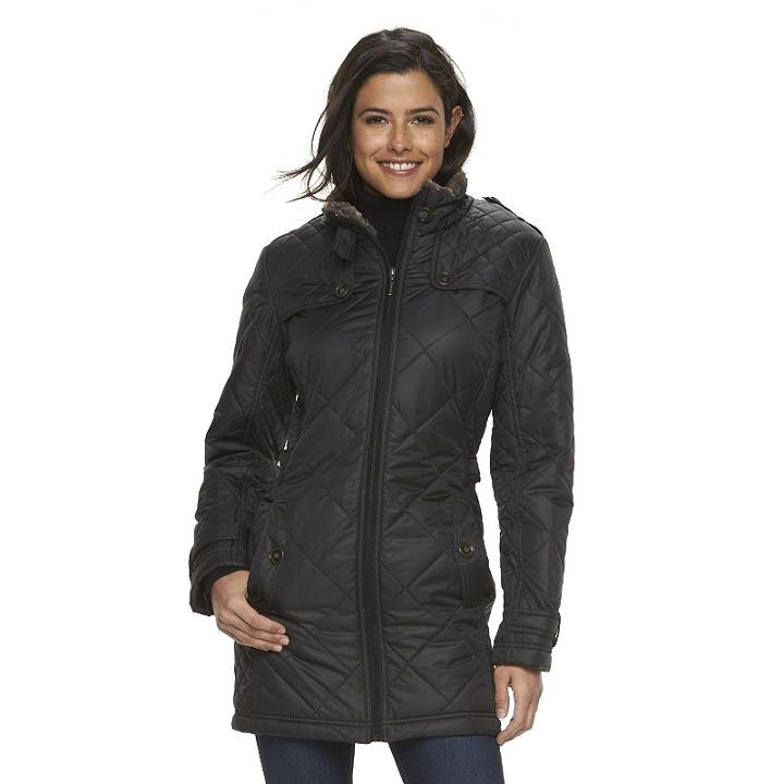 Women's Weathercast Quilted Hooded City Walker Coat, Size: Large, Black