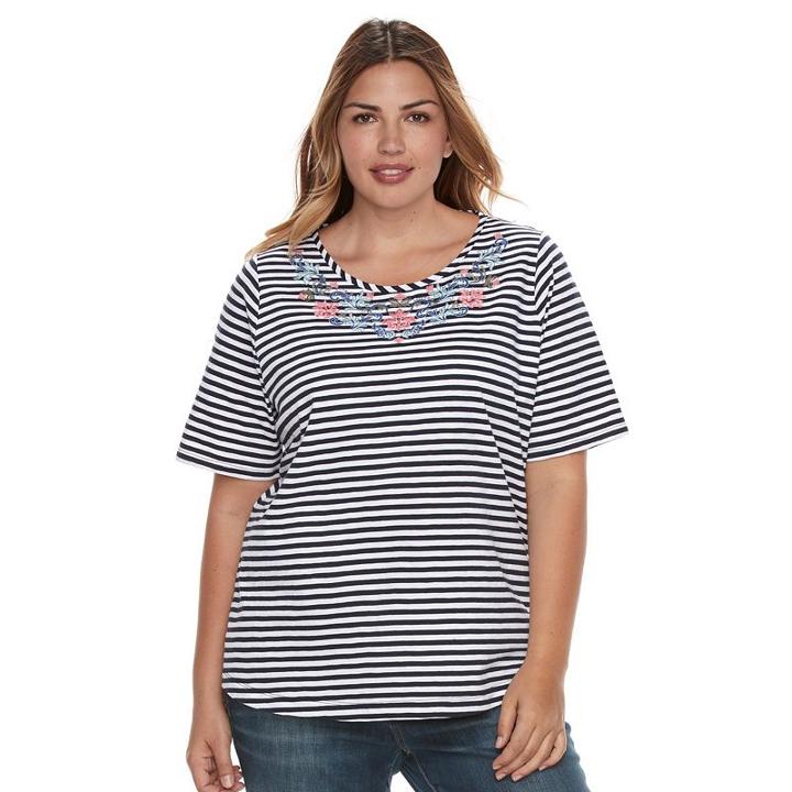 Plus Size Croft & Barrow&reg; Embroidered Scoopneck Tee, Women's, Size: 3xl, Blue