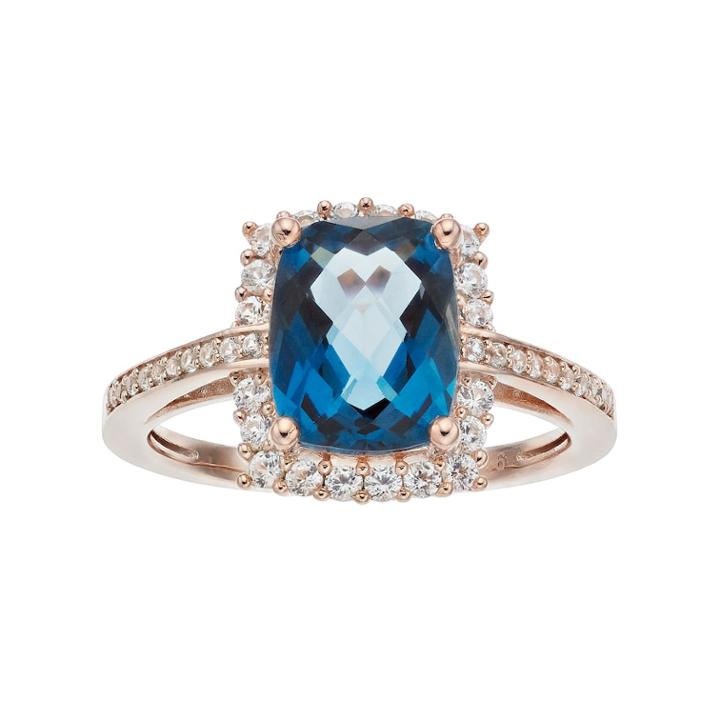 14k Rose Gold Over Silver London Blue Topaz & Lab-created White Sapphire Halo Ring, Women's, Size: 7