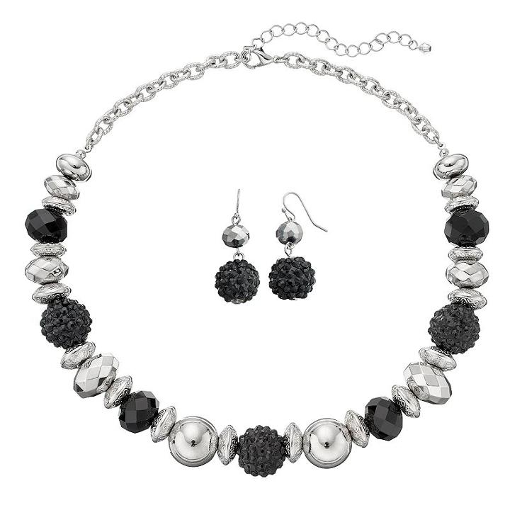 Black Faceted & Fireball Beaded Necklace & Drop Earring Set, Women's