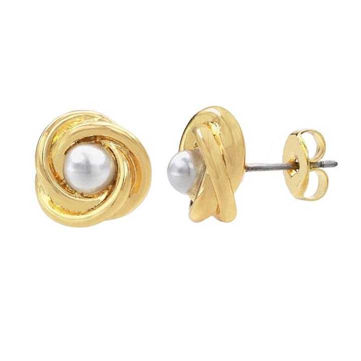 14k Gold-plated Simulated Pearl Love Knot Stud Earrings, Women's, Yellow