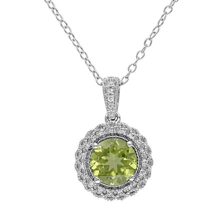 Sterling Silver Peridot & 1/10 Carat T.w. Diamond Halo Pendant, Women's, Size: 18, Green