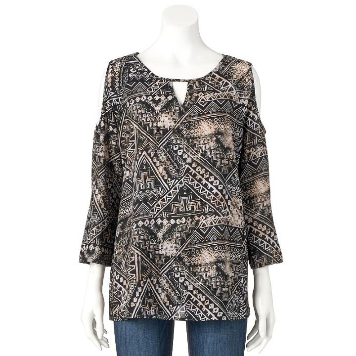 Women's Double Click Printed Cold-shoulder Top, Size: Large, Black