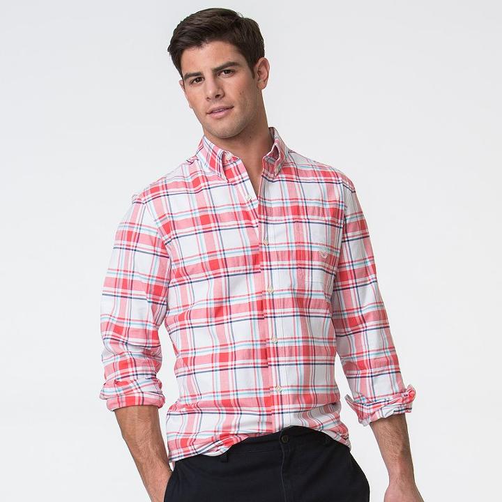 Chaps, Men's Classic-fit Plaid Stretch Oxford Button-down Shirt, Size: Medium, Brt Red