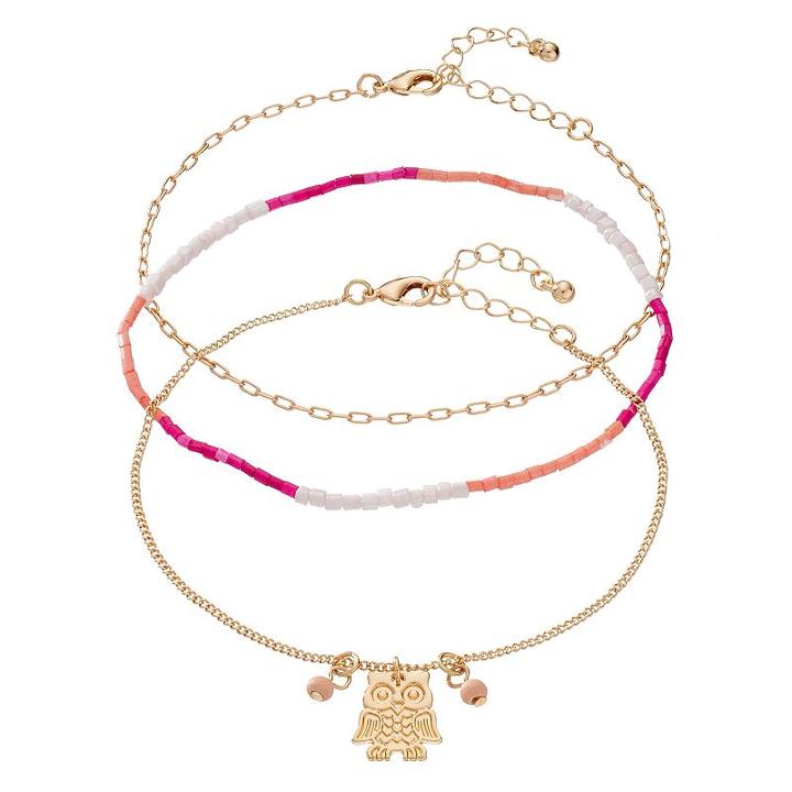 Mudd&reg; Owl Charm & Beaded Stretch Anklet Set, Women's, Light Pink