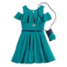 Girls 7-16 & Plus Size Knitworks Cold-shoulder Textured Skater Dress With Necklace & Purse, Size: 10, Green