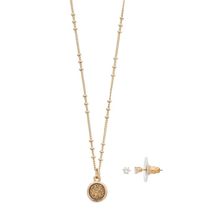 Lc Lauren Conrad Glittery Disc Pendant Necklace & Stud Earring Set, Women's, Med Pink