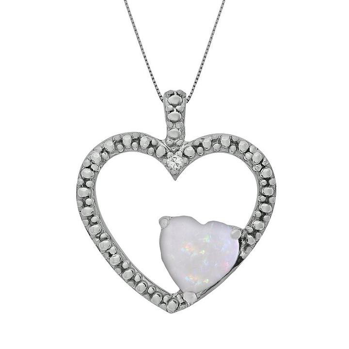 Sterling Silver Lab-created Opal And Diamond Accent Heart Pendant, Women's, Size: 18, White