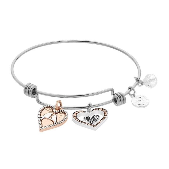 Love This Life Two Tone Bird Heart Charm Bangle Bracelet, Women's, Silver