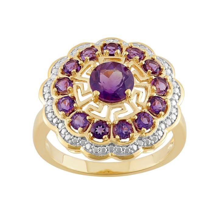 18k Gold Over Silver Flower & Greek Key Ring, Women's, Size: 7, Purple
