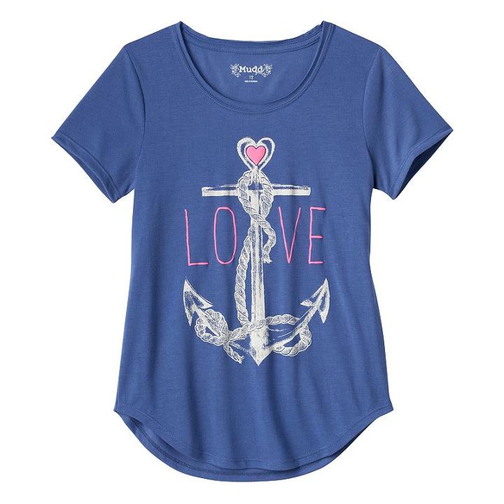 Girls 7-16 & Plus Size Mudd&reg; Raw Edge Scoopneck Shiny Graphic Tee, Girl's, Size: 7-8, Blue (navy)