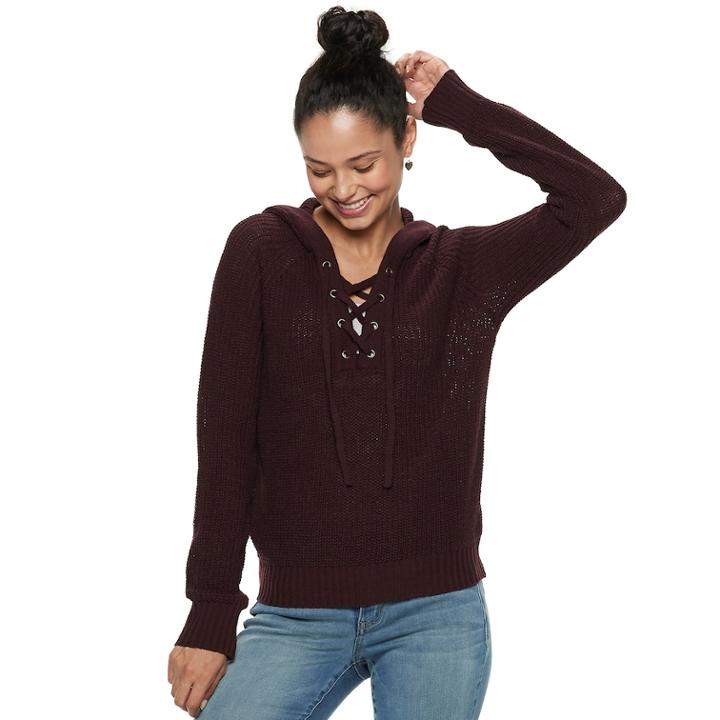 Juniors' Almost Famous Lace-up Sweater Hoodie, Teens, Size: Small, Purple