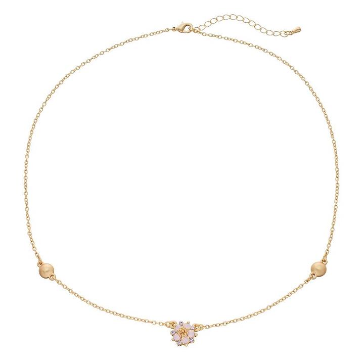 14k Gold Plated Crystal Flower Station Necklace, Women's, Pink