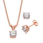 Cubic Zirconia 24k Gold Over Brass Solitaire Pendant Necklace & Stud Earring Set, Women's, White