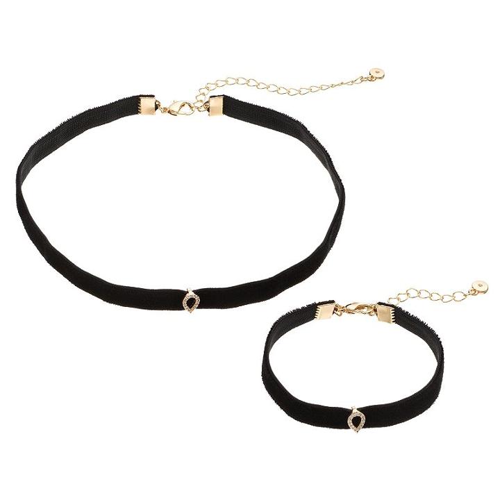 Lc Lauren Conrad Cubic Zirconia Teardrop Black Cord Choker Necklace & Bracelet Set, Women's
