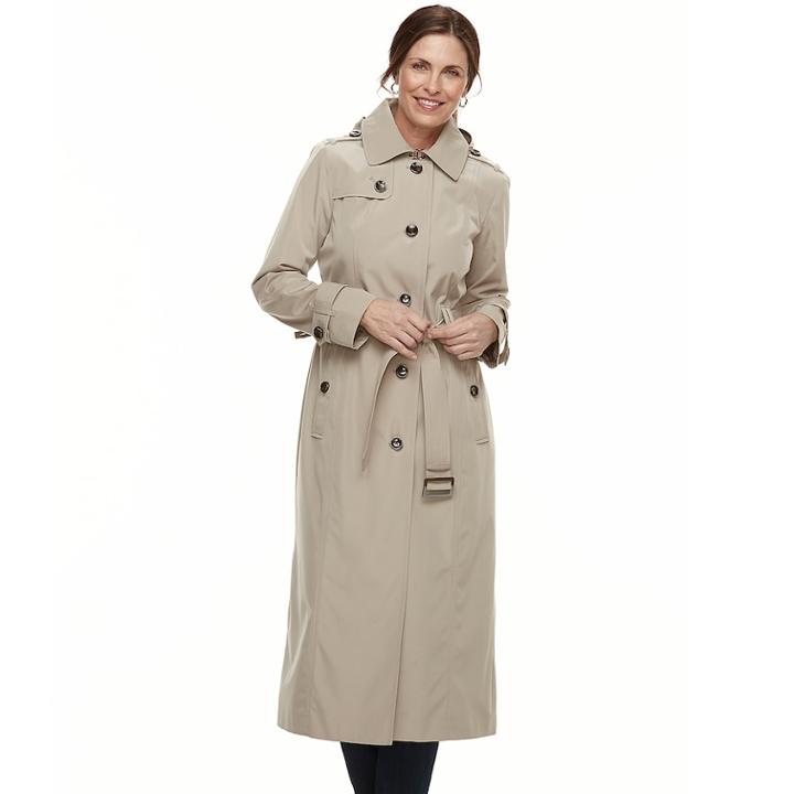 Women's Tower By London Fog Hooded Long Trench Coat, Size: Large, Beig/green (beig/khaki)