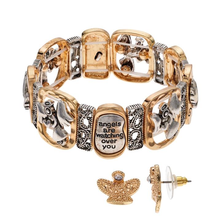 Believe In Watching Over You Angel Stretch Bracelet & Earring Set, Women's, Multicolor