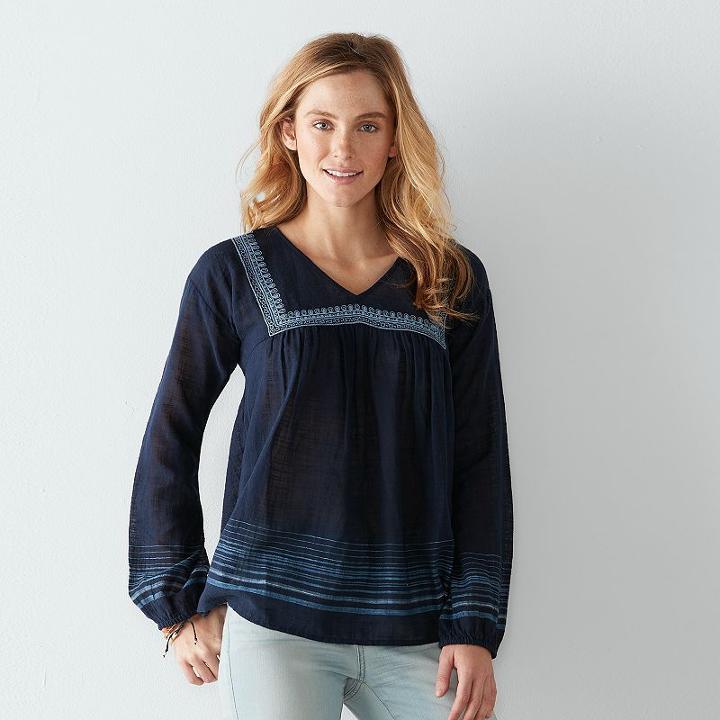 Women's Sonoma Goods For Life&trade; Embroidered Peasant Top, Size: Medium, Dark Blue