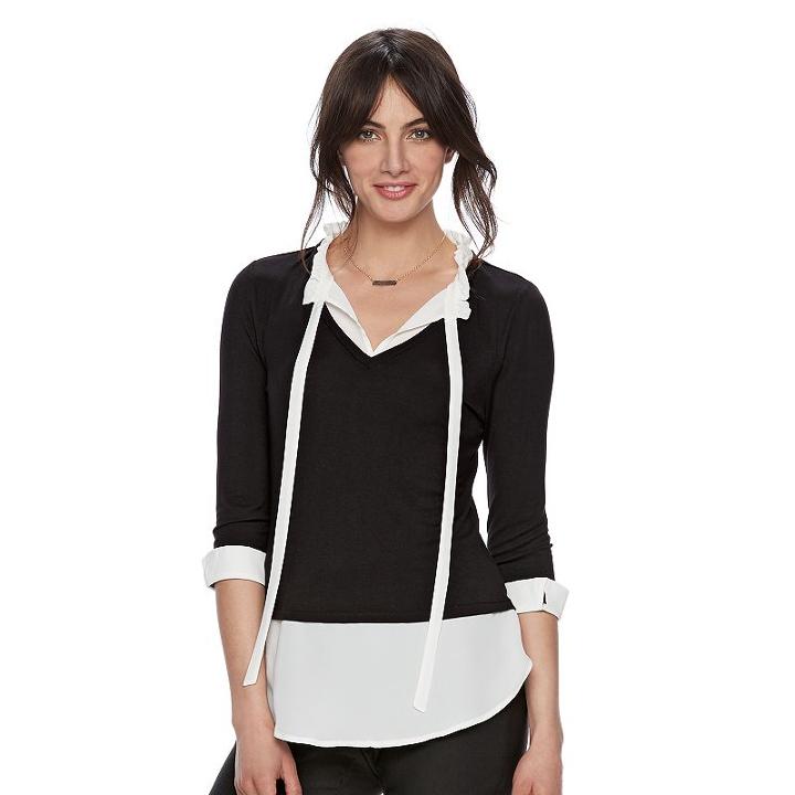 Women's Elle&trade; Ruffle Mock-layer Top, Size: Xxl, Black