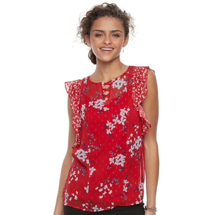 Juniors' Candie's&reg; Floral Ruffle Top, Teens, Size: Xl, Red