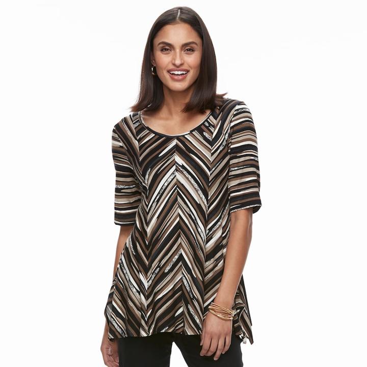 Women's Dana Buchman Print Elbow Sleeve Sharkbite Top, Size: Large, Beig/green (beig/khaki)