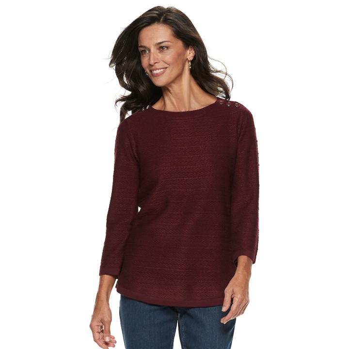 Women's Croft & Barrow&reg; Button-shoulder Crewneck Sweater, Size: Medium, Red Overfl