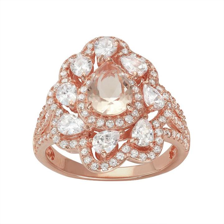 14k Rose Gold Over Silver Simulated Morganite & Cubic Zirconia Scalloped Ring, Women's, Size: 11, Pink