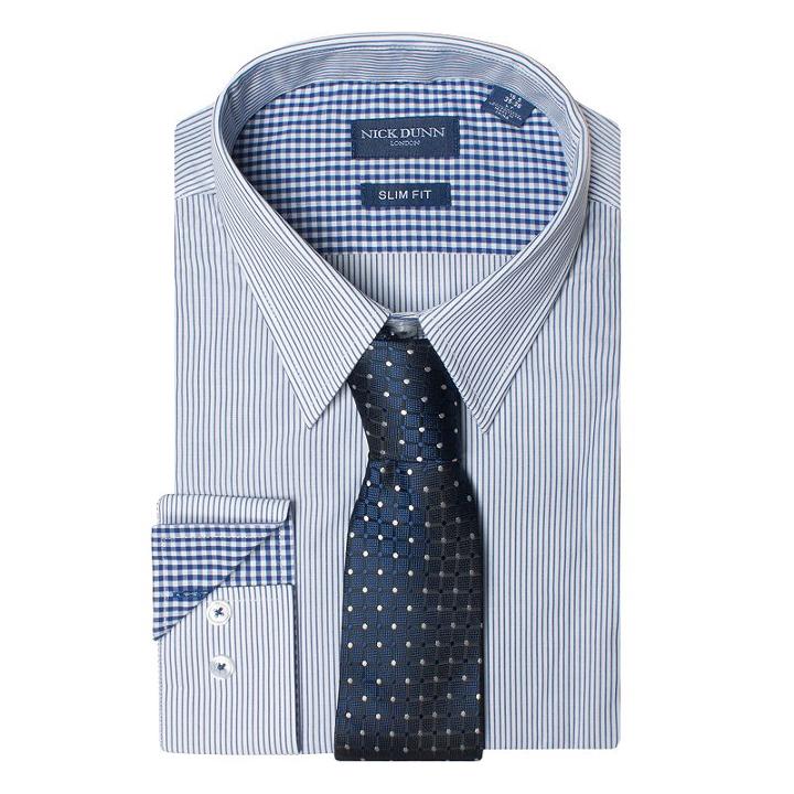 Big & Tall Men's Nick Dunn Slim Tall Patterned Easy-care Spread-collar Dress Shirt & Tie Set, Size: 3xlt 38/39, Blue (navy)
