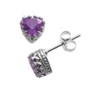 Sterling Silver Amethyst Heart Crown Stud Earrings, Girl's, Purple