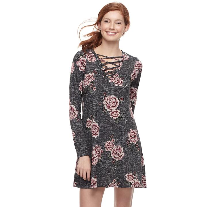 Juniors' About A Girl Print Lace-up Swing Dress, Size: Xl, Grey (charcoal)