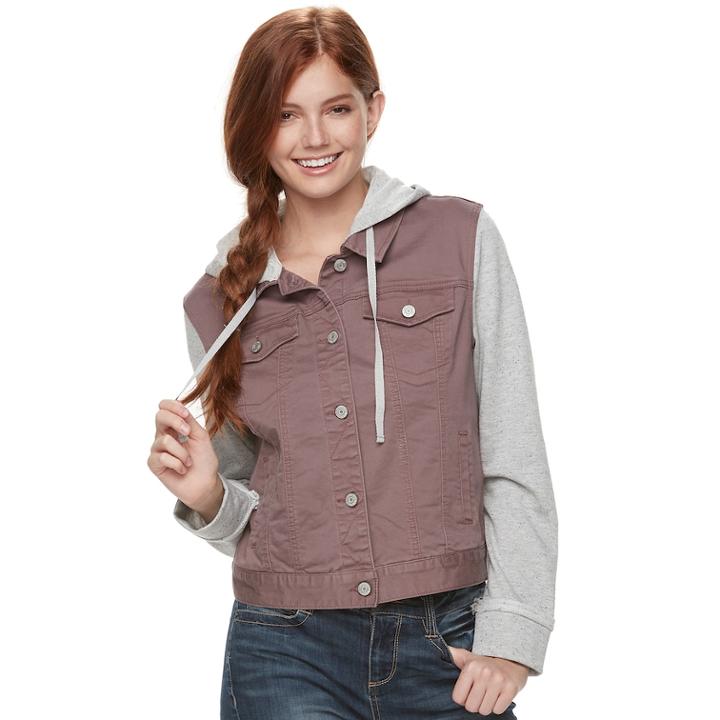 Juniors' Mudd&reg; Hooded Knit Sleeve Jean Jacket, Teens, Size: Xs, Purple