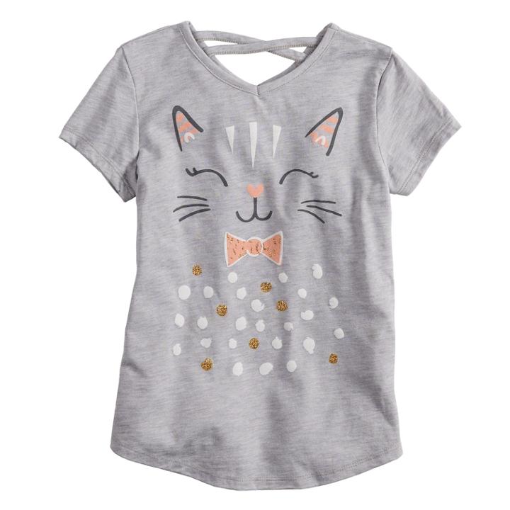 Girls 4-10 Jumping Beans&reg; Glittery Kitty Graphic Crisscross Back Top, Size: 6, Med Grey