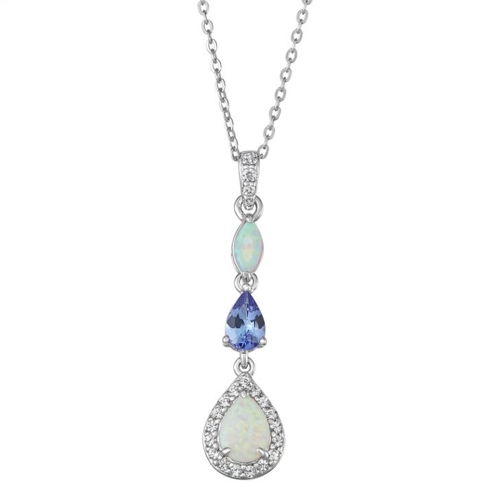 Sterling Silver Lab-created Opal & White Sapphire Pendant Necklace, Women's, Blue