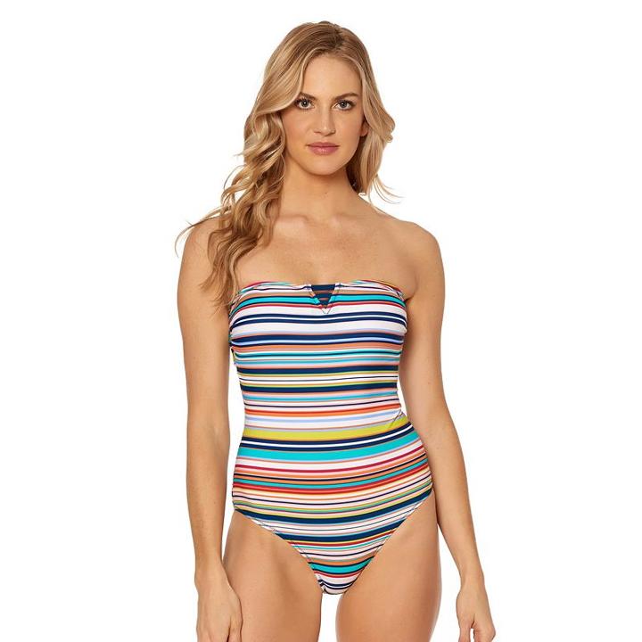Women's Pink Envelope Striped Lace-up One-piece Swimsuit, Size: Medium, Multicolor