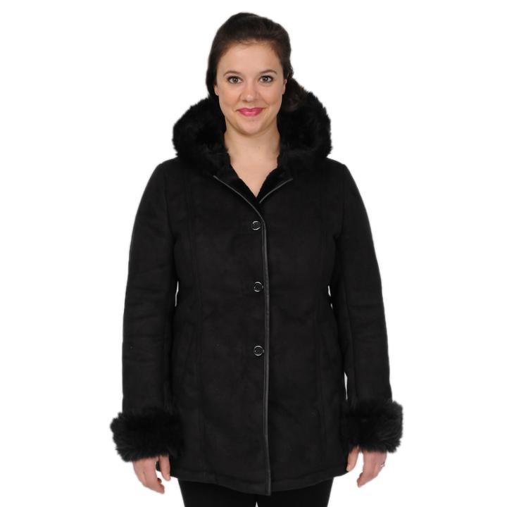 Excelled Hooded Faux-suede Coat, Women's, Size: Medium, Black