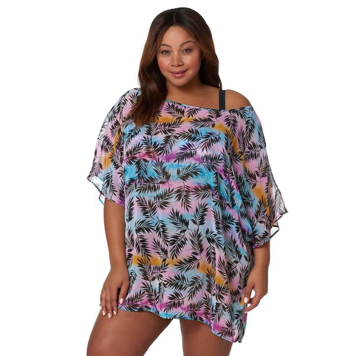 Plus Size Pink Envelope Palm Leaf Caftan Cover-up, Women's, Size: 3xl, Perfect Palm