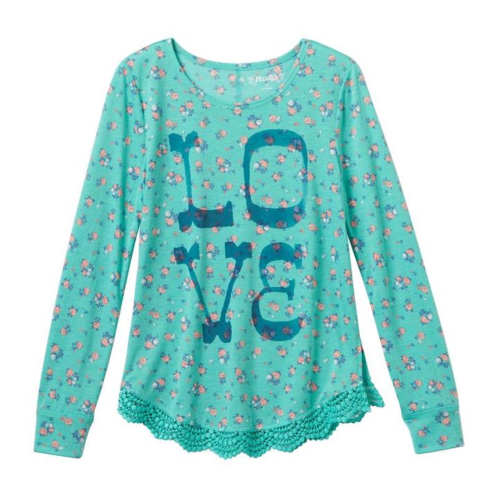 Girls Plus Size Mudd&reg; Crochet Scalloped Graphic Tee, Girl's, Size: 12 1/2, Turquoise/blue (turq/aqua)