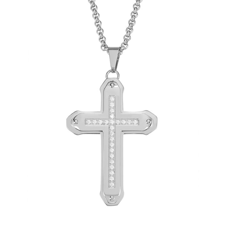 Men's Stainless Steel Cubic Zirconia Cross Pendant Necklace, Size: 24, Grey