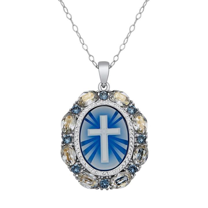 Sterling Silver Crystal Cross Cameo Pendant, Women's, Size: 18, Blue