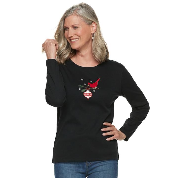 Women's Christmas Crewneck Graphic Tee, Size: Small, Black