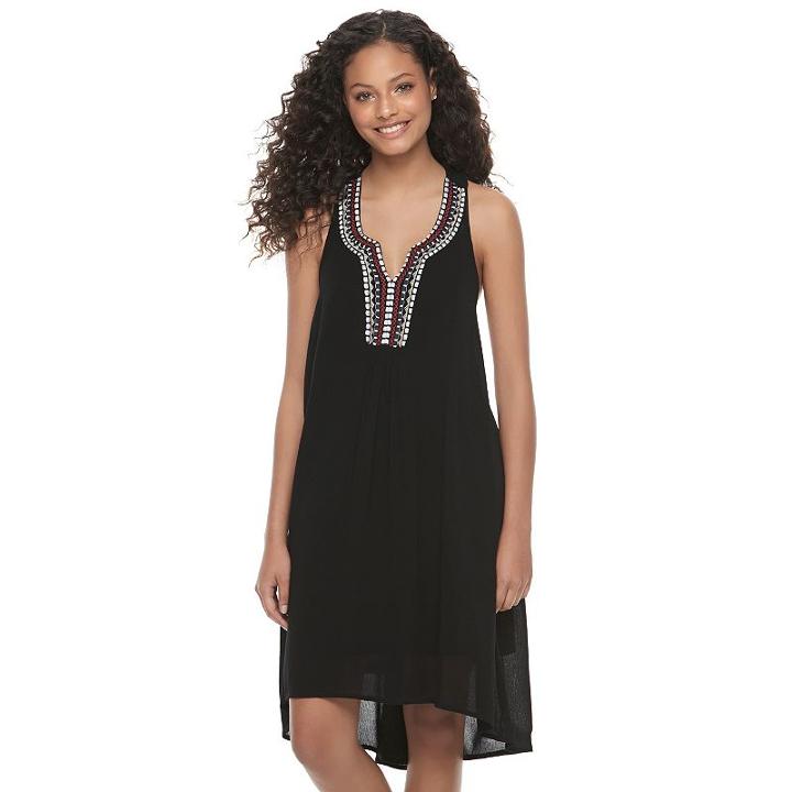 Juniors' Almost Famous Embroidered Notch Neck Dress, Girl's, Size: Medium, Black