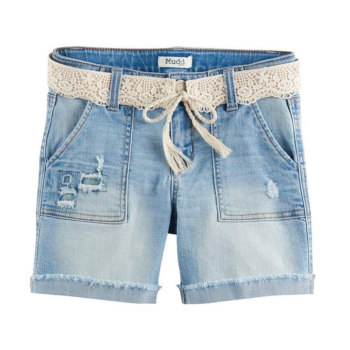 Girls 7-16 & Plus Size Mudd&reg; Crochet Belted Light Wash Denim Midi Shorts, Girl's, Size: 12, Light Blue