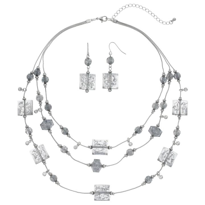 Gray Beaded Triple Row Necklace & Drop Earring Set, Women's, Grey