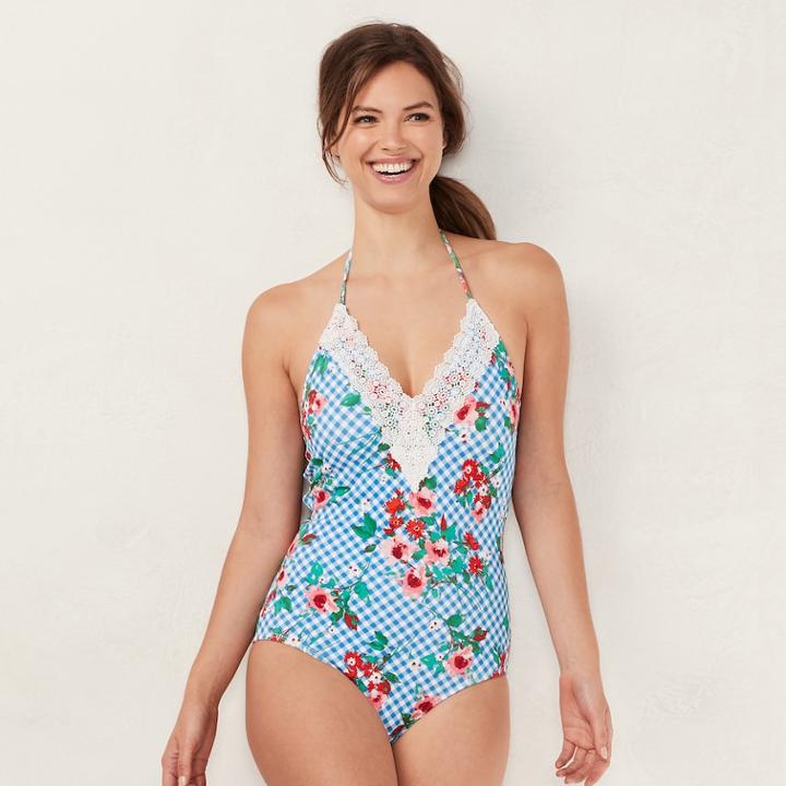 Women's Lc Lauren Conrad Beach Shop Lace-trim One-piece Swimsuit, Size: Medium, Brt Blue