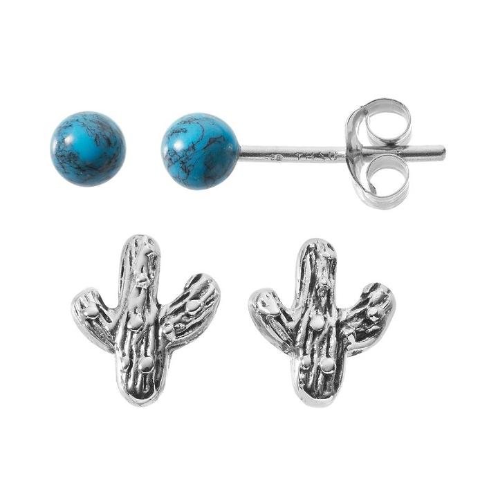 Simulated Turquoise Sterling Silver Cactus & Ball Stud Earring Set, Women's, Turq/aqua