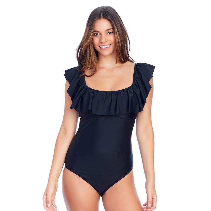 Women's Island Soul Curves Flounce Off-the-shoulder One-piece Swimsuit, Size: Large, Black