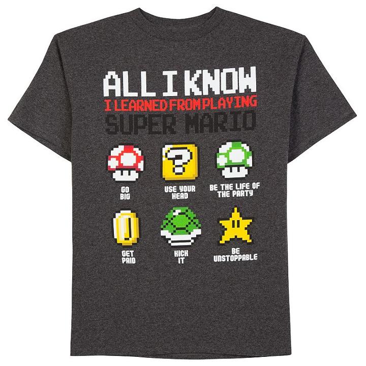 Boys 8-20 Super Mario All I Know Icon Tee, Boy's, Size: Large, Dark Grey
