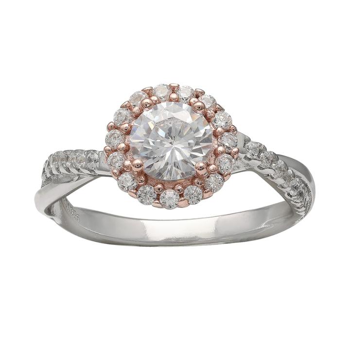 Primrose Two Tone Sterling Silver Cubic Zirconia Halo Ring, Size: 8, White