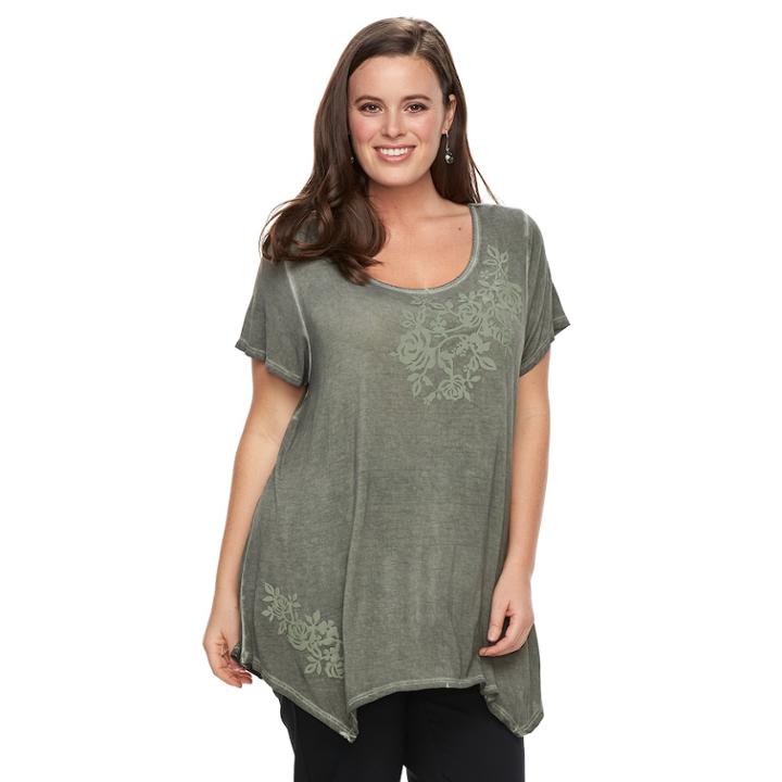 Plus Size World Unity Floral Sharkbite Top, Women's, Size: 0x, Med Green