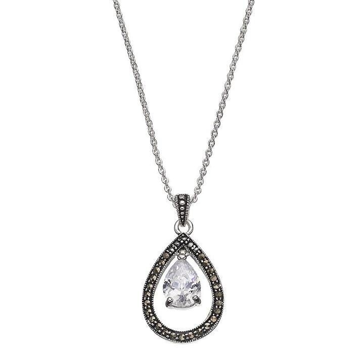 Silver Luxuries Cubic Zirconia & Marcasite Teardrop Pendant, Women's, Grey